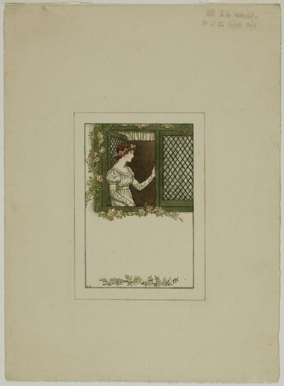 Vrouw bij tralieraam door Kate Greenaway