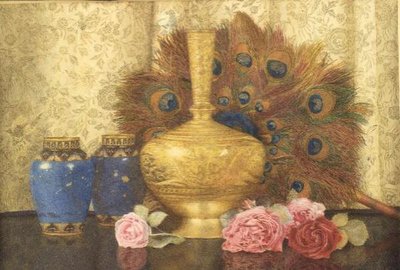 Oosterse Geschenken: Cloisonne Vaas, Pauwenveren, Damastrozen en Indiase Vaas door Kate Hayllar