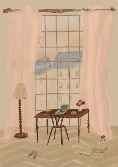 Illustratie van een uitzicht vanuit een raam in Parijs met een rustiek bureau door Katharina Puritscher