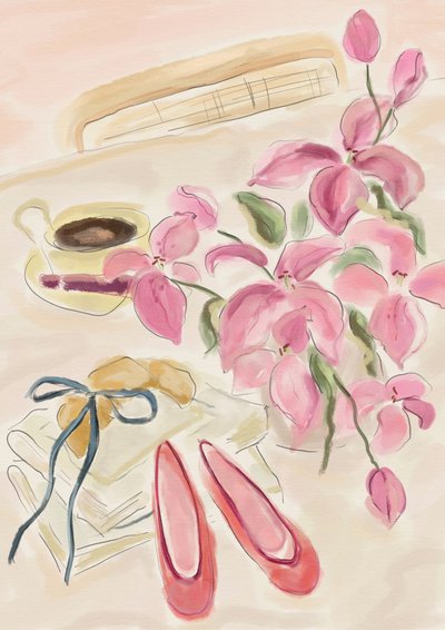 Stilleven in aquarel met ballerina’s door Katharina Puritscher