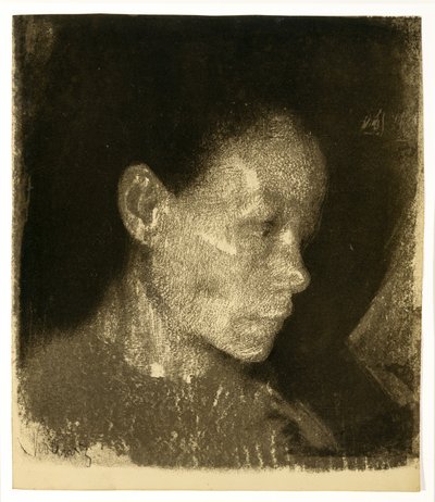 Hoofd van een werkende vrouw in driekwart profiel naar rechts, 1905 door Käthe Kollwitz