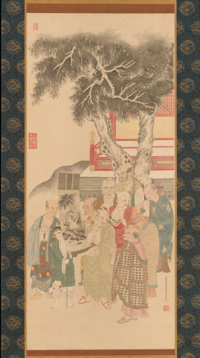 Tien Rakan die een schilderij van de Witte Kannon onderzoeken door Kato Nobukiyo