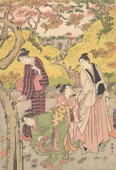 Een jonge man, twee jonge vrouwen en een meisje bij een picknick, ca. 1789 door Katsukawa Shuncho