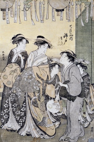 Courtesan Nishikido van Chojiya theehuis omringd door haar dames, eind 18e eeuw, Ukiyo-e kunstdruk, detail door Katsukawa Shuncho