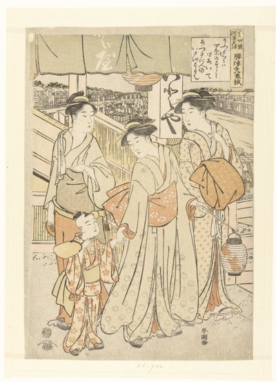 Genieten van de avondbries bij de rivier in Shijo, Kyoto door Katsukawa Shuncho