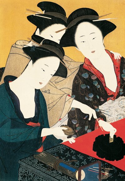 Drie vrouwen rond inktfontein, kunstenaar van de Katsukawa Shunsho school, Japan, Japanse beschaving door Katsukawa Shuncho