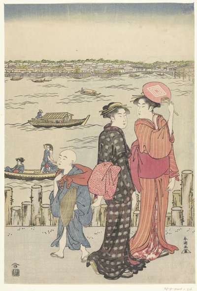 Twee vrouwen en een jongetje op de kade bij een rivier door Katsukawa Shuncho