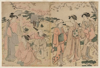 Vrouwen Bekijken Kersenbloesems bij Asukayama door Katsukawa Shuncho