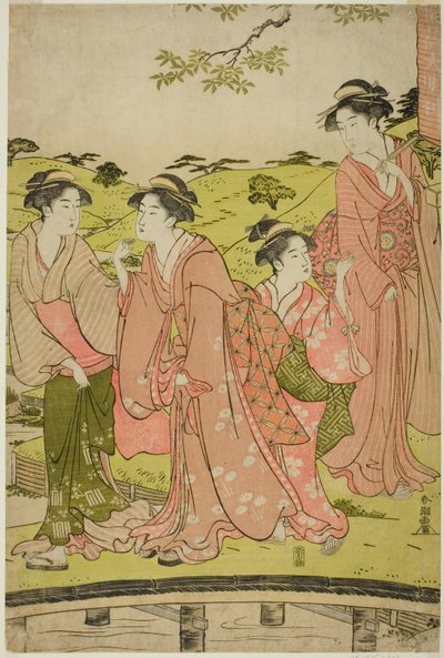 Vrouwen die een Inari-schrijn bezoeken door Katsukawa Shuncho
