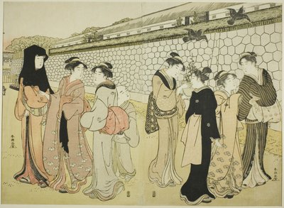 Vrouwen Wandelen langs een Gracht door Katsukawa Shuncho