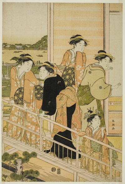 Vrouwen op een balkon van een Yoshiwara theehuis door Katsukawa Shuncho