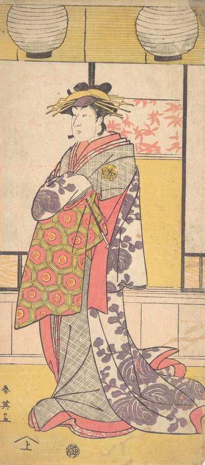Nakayama Tatezo als een courtisane staand, naar links gericht door Katsukawa Shun