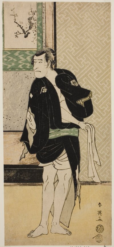 De acteur Ichikawa Komazo II als Soga no Dozaburo vermomd als de schurk Tobei () in het toneelstuk Haru no Nishi Date-zome Soga (), opgevoerd in het Nakamura Theater () in de eerste maand, 1790 () door Katsukawa Shunei