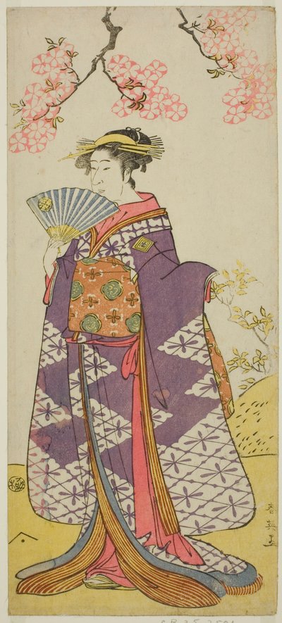 De acteur Ichikawa Komazo II als de geest van Lady Shiragiku in het toneelstuk Hatsu Midori Saiwai Soga, opgevoerd in het Kawarazaki Theater in de derde maand, 1791 door Katsukawa Shun