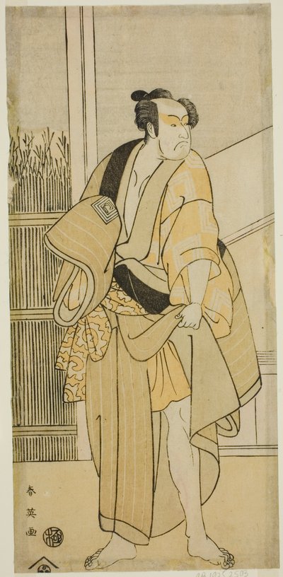 De acteur Ichikawa Monnosuke II als Hiranoya Tokubei () in het toneelstuk Waka Murasaki Edokko Soga (), opgevoerd in het Ichimura Theater () in de derde maand, 1792 () door Katsukawa Shun