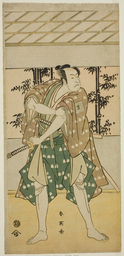 De acteur Ichikawa Omezo I als de bootsman Takihei () in het toneelstuk Ofunamori Ebi no Kaomise (), opgevoerd in het Kawarazaki Theater () in de Elfde Maand, 1792 () door Katsukawa Shun