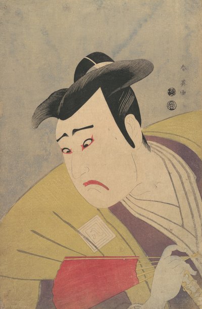 De acteur Ichikawa Yaozo III met een rode waaier door Katsukawa Shun