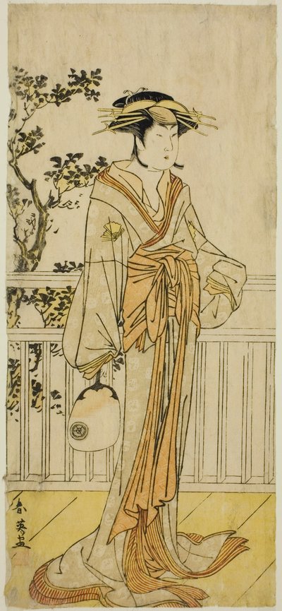De acteur Iwai Hanshiro IV als Okumi van de Mieido Fan Shop () in het toneelstuk Sanjuk-koku Yobune no Hajimari (), opgevoerd in het Ichimura Theater () in de vijfde maand, 1789 () door Katsukawa Shun