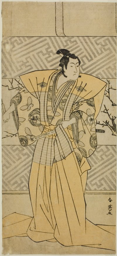 De acteur Iwai Hanshiro IV als Soga no Goro Tokimune in het toneelstuk Koi no Yosuga Kanegaki Soga, opgevoerd in het Ichimura Theater in de eerste maand, 1789 door Katsukawa Shun