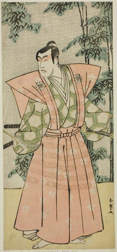 De acteur Matsumoto Koshiro IV als Hatakeyama Shigetada vermomd als Honjo Soheiji () in het toneelstuk Edo no Fuji Wakayagi Soga (), opgevoerd in het Nakamura Theater () in de eerste maand, 1789 () door Katsukawa Shun