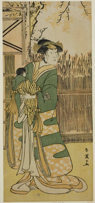 De acteur Nakayama Tomisaburo I als Lady Tokiwa (Tokiwa Gozen) () in het toneelstuk Kimmenuki Genke no Kakutsuba (), Opgevoerd in het Ichimura Theater () in de Elfde Maand, 1791 () door Katsukawa Shun