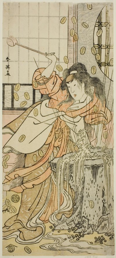 De acteur Segawa Kikunojo III als de drakenmaagd vermomd als Osaku in het toneelstuk Sayo no Nakayama Hiiki no Tsurigane, opgevoerd in het Nakamura Theater in de Elfde Maand, 1790 door Katsukawa Shun