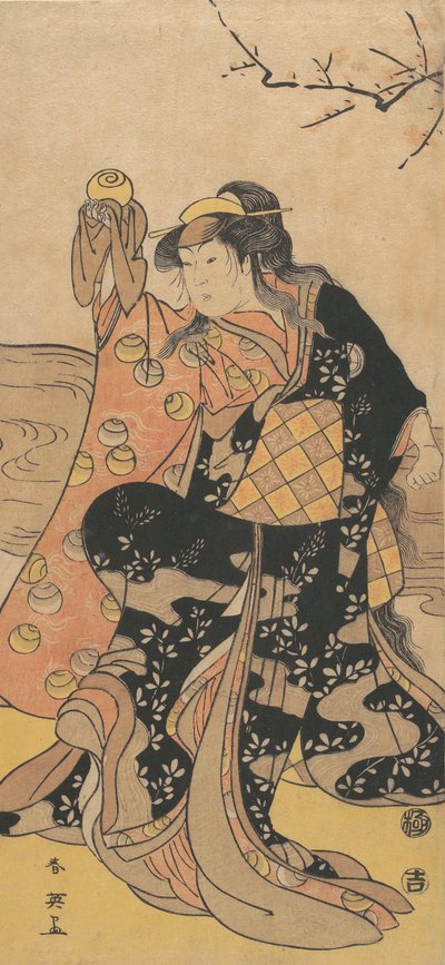 De vierde Iwai Hanshiro als een vrouw die een kristallen bol vasthoudt en danst aan de oever van..., ca. 1788 door Katsukawa Shun