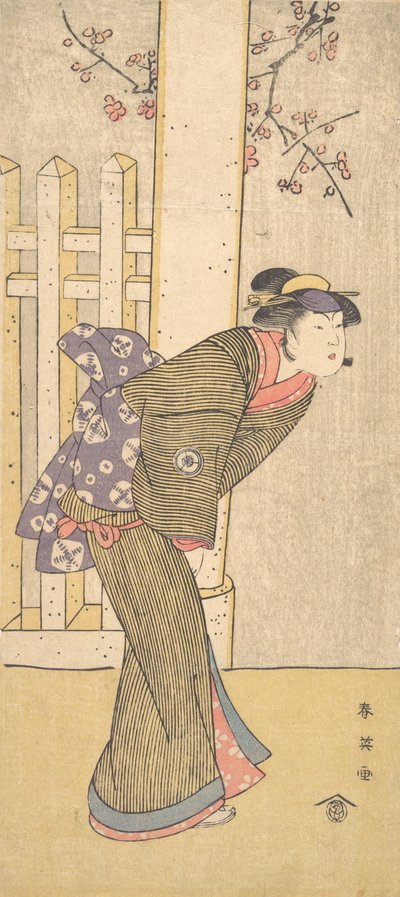 De vierde Iwai Hanshiro als een vrouw onder een torii door Katsukawa Shun