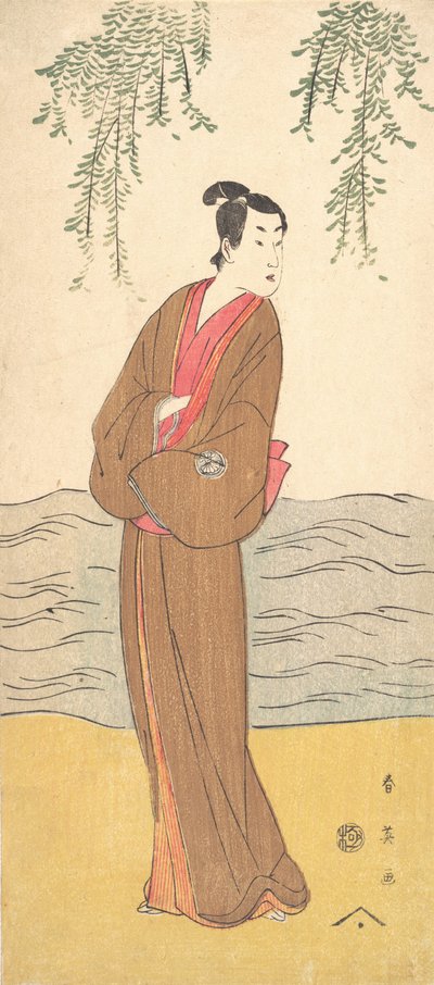 De derde Segawa Kikunojo als Hisamatsu staand op de oever, ca. 1795 door Katsukawa Shun