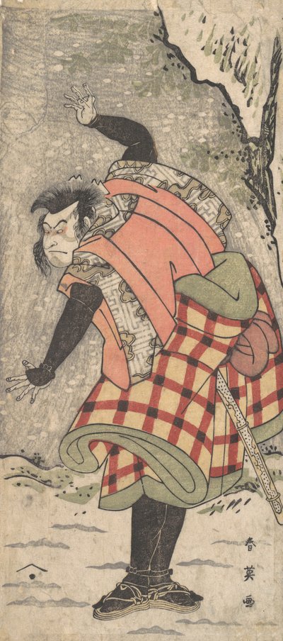 Ongeïdentificeerde acteur als een Kyokaku staand aan de voet van een klif in een sneeuwstorm, ca. 1793 door Katsukawa Shun