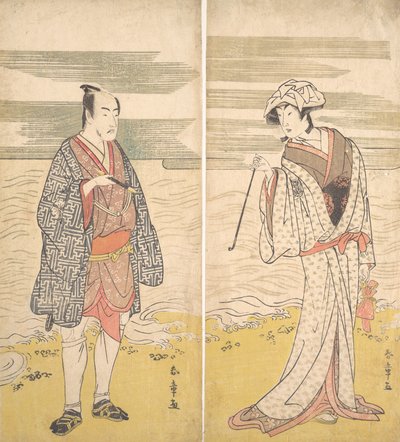 Twee acteurs: de vierde Matsumoto Koshiro als een man gekleed in een korte kimono [links], 1779 door Katsukawa Shunjo