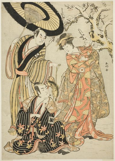 Acteurs Iwai Hanshirô IV, Ichikawa Monnosuke II en Sakata Hangorô III, in "Snowflakes: Het verhogen van de standaard in Izu" ("Mutsu no Hana Izu no Hataage") door Katsukawa Shunkо̄