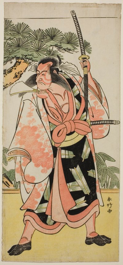 De acteur Ichikawa Danjuro V als Kajiwara Genta Kagesue in het toneelstuk Yuki Nazuna Saiwai Soga, opgevoerd in het Kiri Theater in de eerste maand, 1787 door Katsukawa Shunkо̄