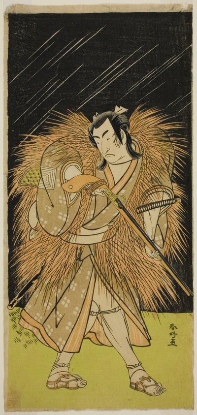 De acteur Ichikawa Monnosuke II als Hayano Kampei in het toneelstuk Kanadehon Chushin Najori no Kura, opgevoerd in het Nakamura Theater in de negende maand, 1780 door Katsukawa Shunkо̄