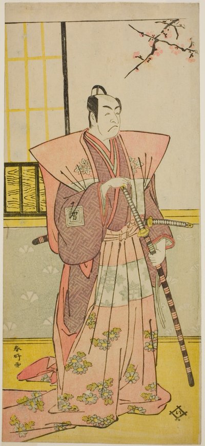 De acteur Ichikawa Omezo I als Koyurugi Motomenosuke () in het toneelstuk Haru no Nishiki Date-zome Soga (), opgevoerd in het Nakamura Theater () in de eerste maand, 1790 () door Katsukawa Shunkо̄