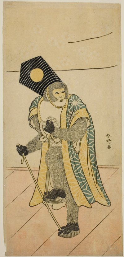 De acteur Ichimura Uzaemon IX als aap in het toneelstuk Mitsu Ningyo Yayoi no Hinagata, opgevoerd in het Nakamura Theater in de tweede maand, 1785 door Katsukawa Shunkо̄