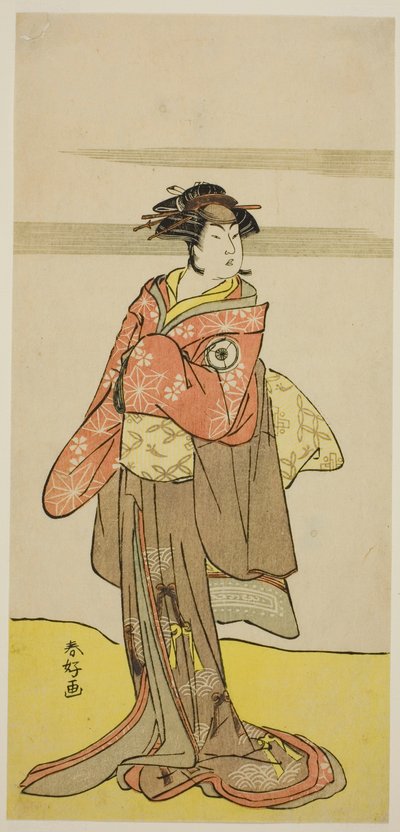 De acteur Iwai Hanshiro IV als Hitomaru vermomd als de geisha Oshun in het toneelstuk Edo no Hana Mimasu Soga, opgevoerd in het Nakamura Theater in de derde maand, 1783 door Katsukawa Shunkо̄