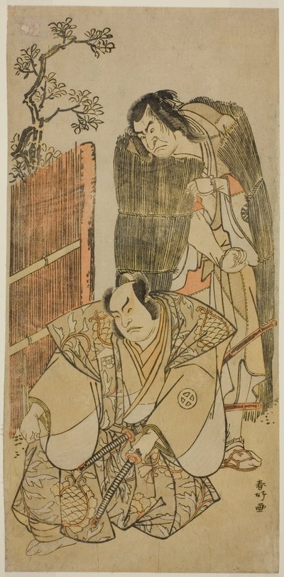 De acteurs Nakamura Nakazo I als Kagekiyo gekleed als een bedelaar (rechts), en Otani Hiroji III als Onio Shinzaemon (links), in het toneelstuk Kotobuki Banzei Soga, Opgevoerd in het Ichimura Theater in de derde maand, 1783 door Katsukawa Shunkо̄