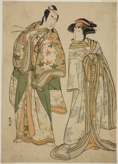 De acteurs Segawa Kikunojo III als de courtisane Sumizome (rechts), en Ichikawa Monnosuke II als Goinosuke Yoshimine (links), in het toneelstuk Juni-hitoe Komachi-zakura, Opgevoerd in het Kiri Theater in de Elfde Maand, 1784 door Katsukawa Shunkо̄