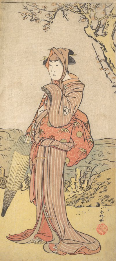 Iwai Kiyotaro als een Vrouw Onder een Pruimenboom, ca. 1788 door Katsukawa Shunko