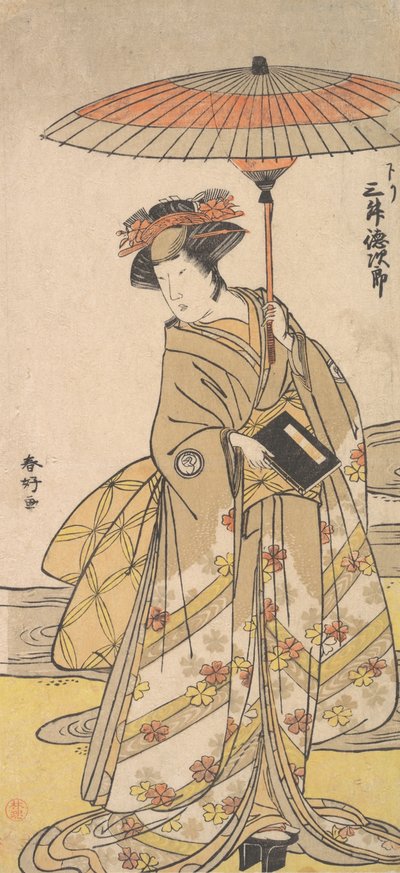 Mimasu Tokujuro als een Vrouw Staand bij een Kronkelende Stroom, ca. 1780 door Katsukawa Shunko