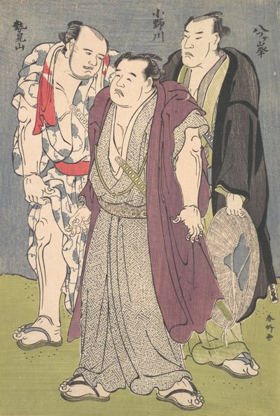 Drie sumoworstelaars: Onogawa, Seimiyama en Yatsugamine door Katsukawa Shunko