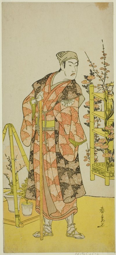 De Acteur Matsumoto Koshiro IV als de Plantverkoper Awashima no Yonosuke in het stuk Mukashi Otoko Yuki no Hinagata, Uitgevoerd in het Ichimura Theater in de elfde maand, 1781 door Katsukawa Shunsen