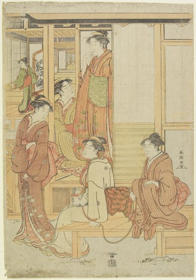 Een groep dames op een veranda, c. 1780-1795 door Katsukawa Shunsho