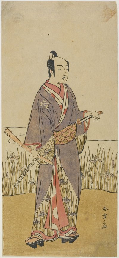 Een acteur in een samurai rol met een bamboefluit door Katsukawa Shunsho