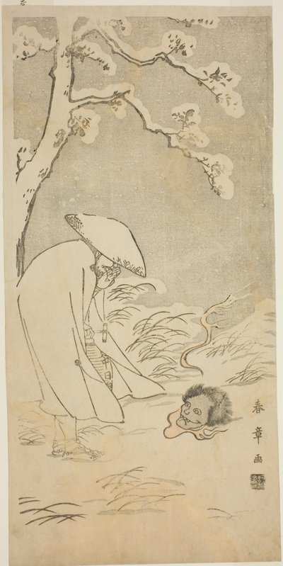 Een pelgrim die de hele nacht tot de Boeddha bidt (kannenbutsu) wordt opgeschrikt door een spookachtig hoofd dat op de met sneeuw bedekte grond ligt door Katsukawa Shunsho