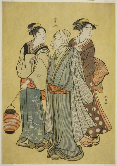 Een Jonge Man Gekleed als een Acteur van de Ichikawa Familie, een Dienstmeisje en een Geisha door Katsukawa Shunsho