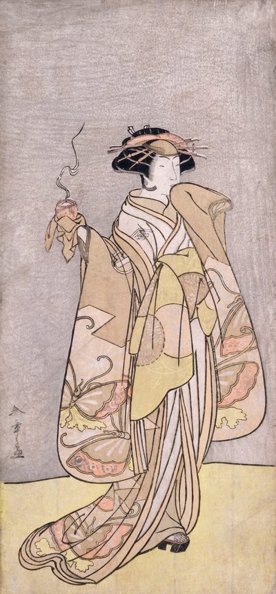 Een volledig portret van de acteur Ichikawa Monnosuke II in een vrouwelijke rol met een wierookbrander door Katsukawa Shunsho