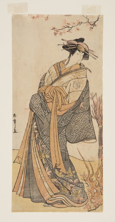 Acteur Segawa Tomisaburo II als een lange courtisane staand in een kamer door Katsukawa Shunsho