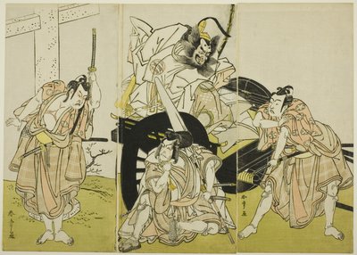 Acteurs Nakajima Mihoemon II als Fujiwara no Shihei, Ichikawa Ebizô III als Matsuo-maru, Ichikawa Yaozô II als Sakura-maru, en Ichimura Uzaemon IX als Umeo-maru in "Sugawara